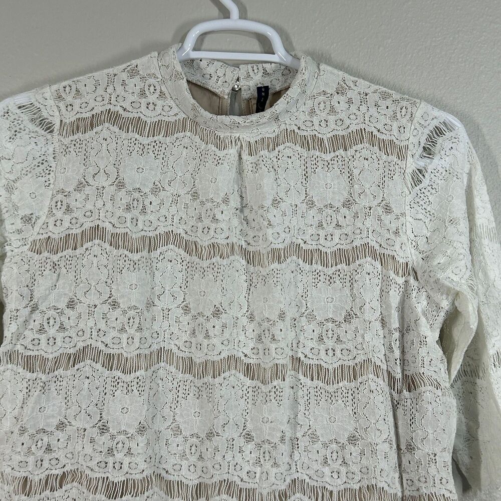 Luna Rae Blouse Womens L Ivory Lace High Neck Keyhole Back Sheer Lined Elegant